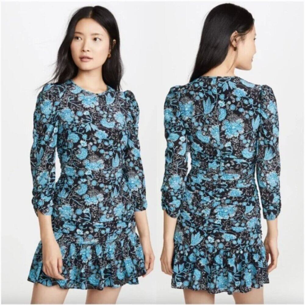 Tanya Taylor Raven Silk Mini Dress in Black & Blue Floral Paisley